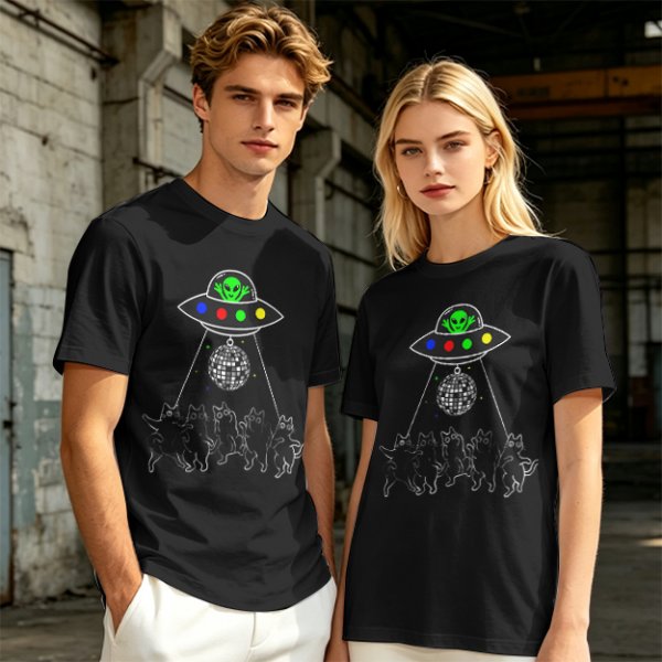 Olive T-shirt with UFO Alien and Disco Dancing Cats Print