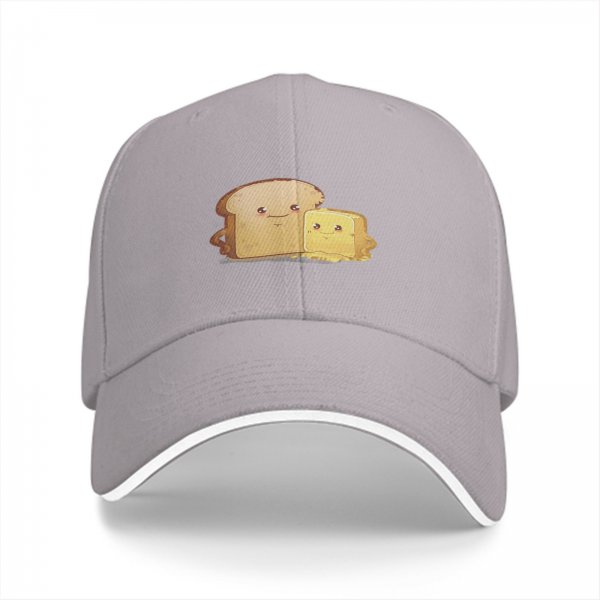 Black Baseball Cap With Cute Bread And Butter Cartoon Print