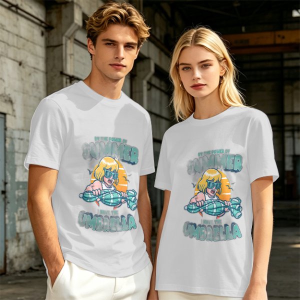 Olive Summer Umbrella Graphic T-Shirt with Retro Beach Illustration