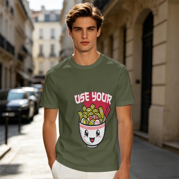 Olive T-Shirt With Cute Ramen Bowl Graphic And 'Use Your' Text
