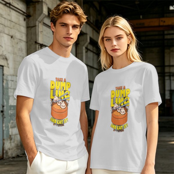 Olive green graphic t-shirt with dumpling pun and steamer illustration