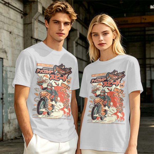 Olive green graphic tee with retro masked rider ramen motorcycle art