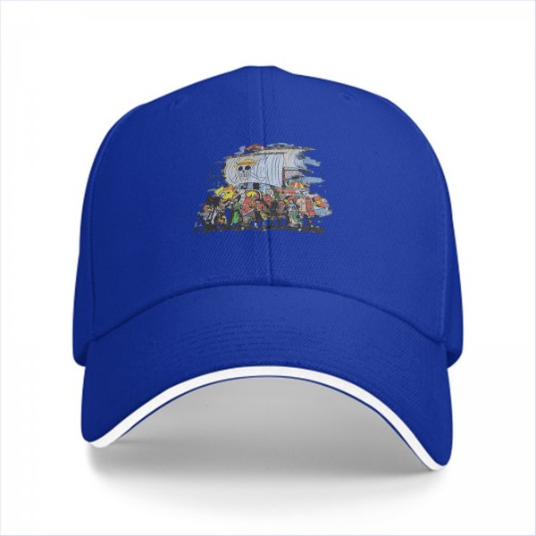 Black Baseball Cap with One Piece Straw Hat Pirates Ship Print