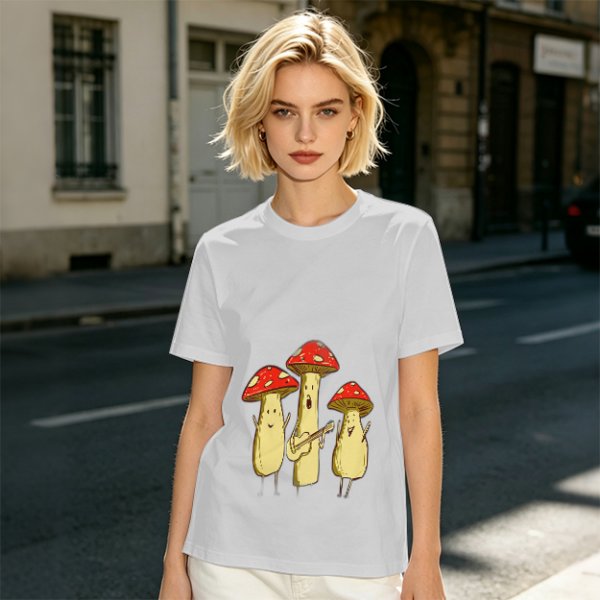 Olive T-Shirt with Singing Mushroom Band Graphic