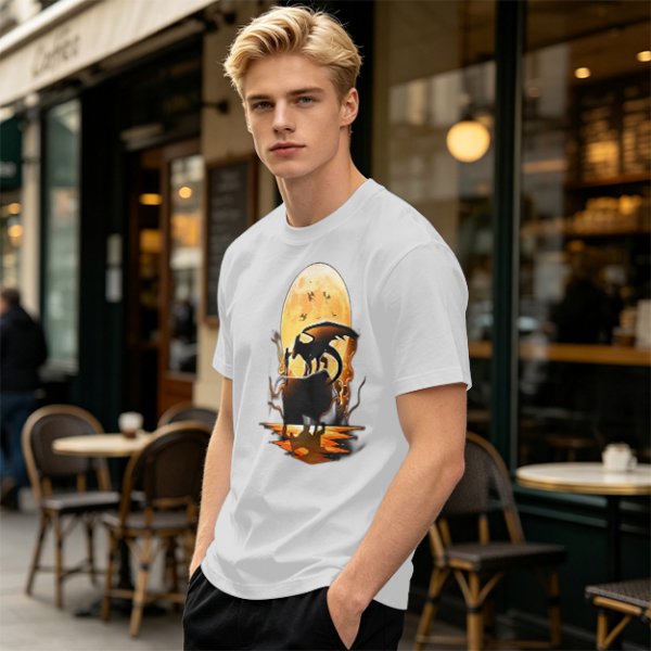 Olive T-Shirt With Dragon Silhouette Full Moon Graphic Print