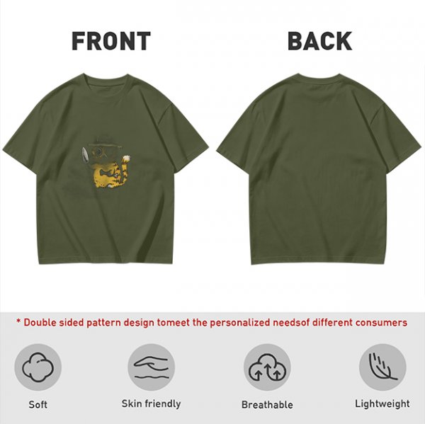 Olive T-Shirt With Whimsical Cat Fish Hybrid Graphic