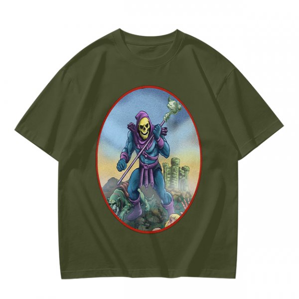 Olive T-Shirt Featuring Skeletor Holding His Havoc Staff