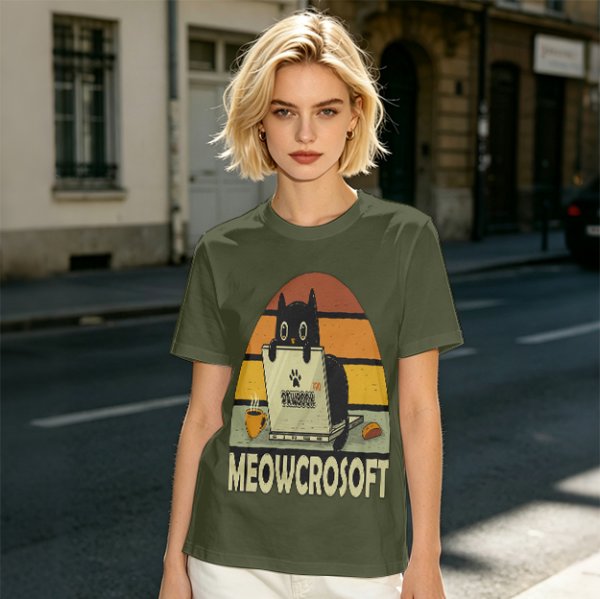 Olive t-shirt with black cat using laptop and Meowcrosoft text