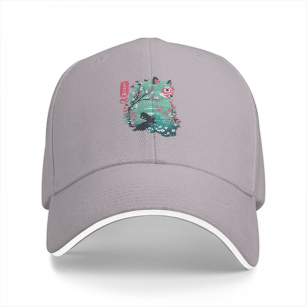 Black baseball cap with anime forest spirit graphic print