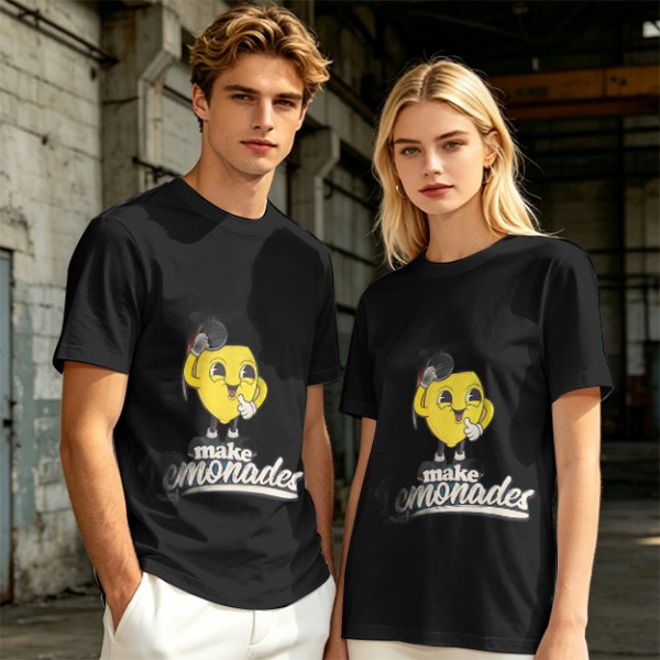 Olive green t-shirt with cheerful lemon mascot graphic and make lemonades text
