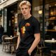 Olive T-Shirt Featuring a Relaxed Cat on a Chair with Fried Chicken Print