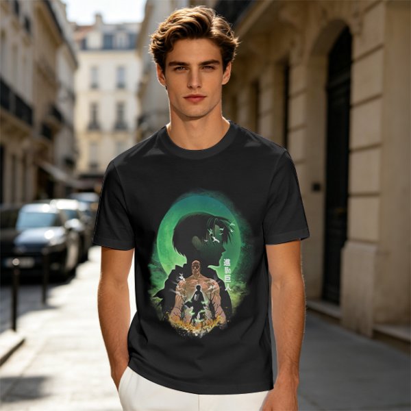 Attack on Titan layered silhouette graphic olive t-shirt