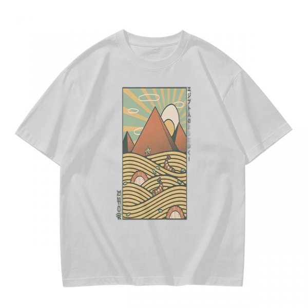 Olive T-Shirt With Retro Mountain And Ramen Noodle Landscape Print