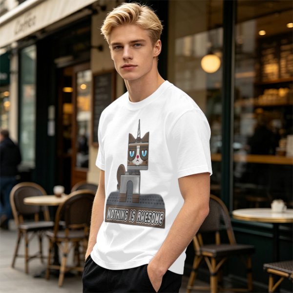 Olive T-Shirt with Grumpy Cat Lego Style 'Nothing Is Awesome' Print