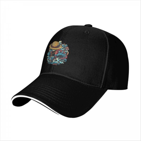 Black Baseball Cap with One Piece Straw Hat Pirate Graphic