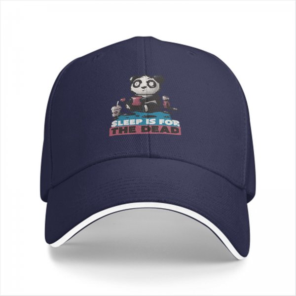 Black baseball cap with panda graphic and 'Sleep is for the dead' text