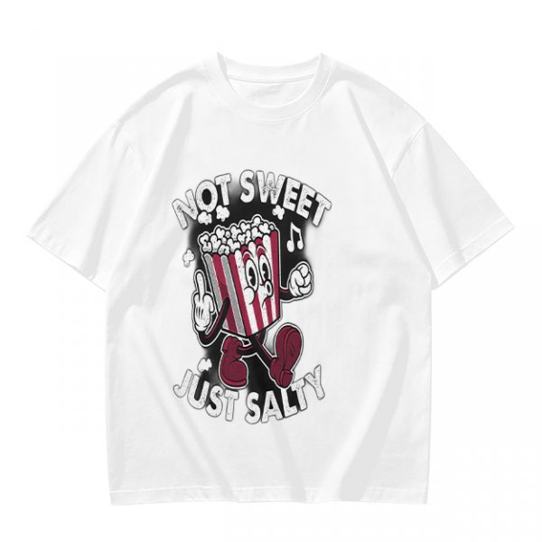 Olive T-Shirt with 'Not Sweet Just Salty' Cartoon Popcorn Print