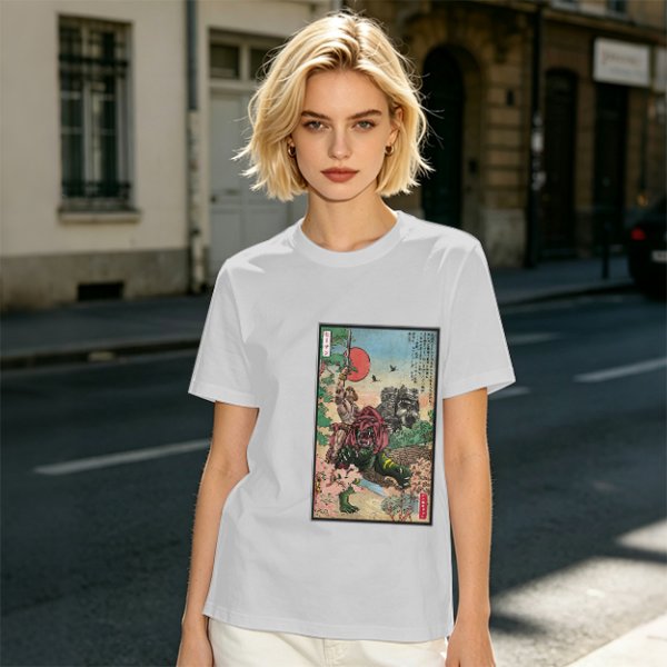 Olive T-shirt with ukiyo-e style fantasy creature graphic print