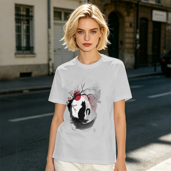 Olive T-Shirt with Japanese Style Cat and Red Sun Art Print