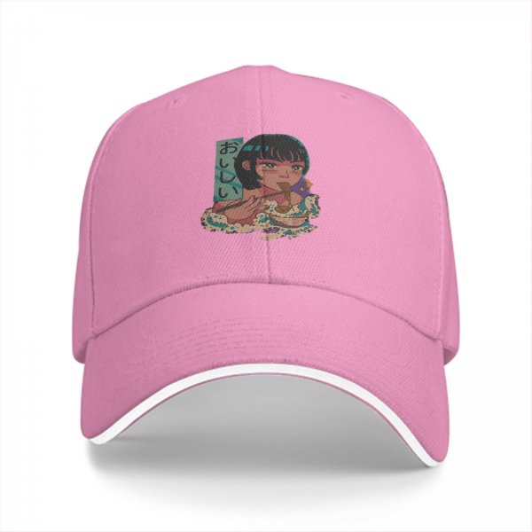 Black baseball cap with anime girl eating ramen graphic