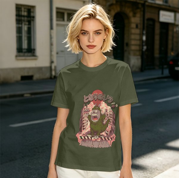 Olive T-shirt with parody monster anime graphic print