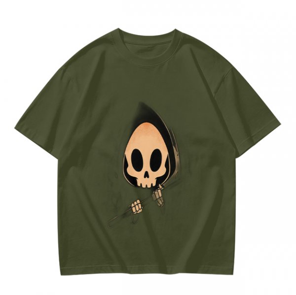 Olive T-shirt with Cute Grim Reaper Skull Graphic
