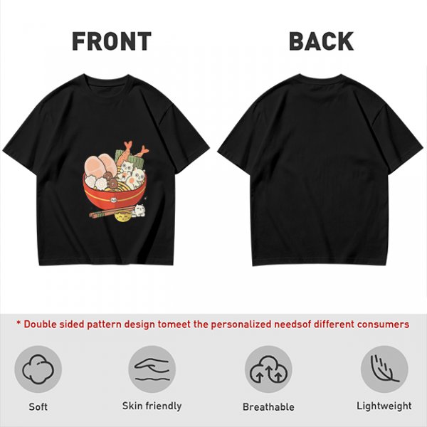 Olive T-Shirt With Cute Cat Ramen Bowl Graphic Print