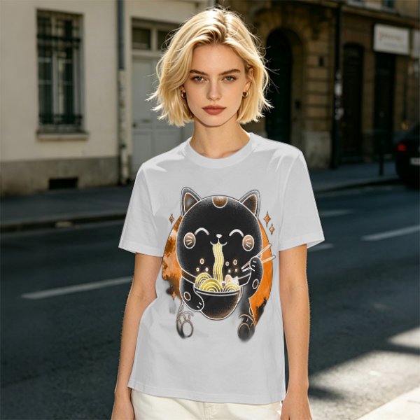 Olive T-Shirt Featuring Black Maneki-neko Cat Eating Ramen