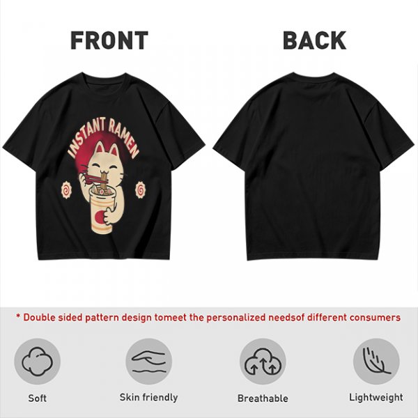 Olive green t-shirt with a cartoon cat eating instant ramen