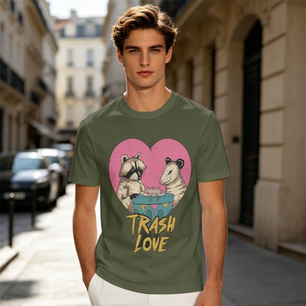 Olive Graphic T-Shirt with Raccoon and Opossum Trash Love Design