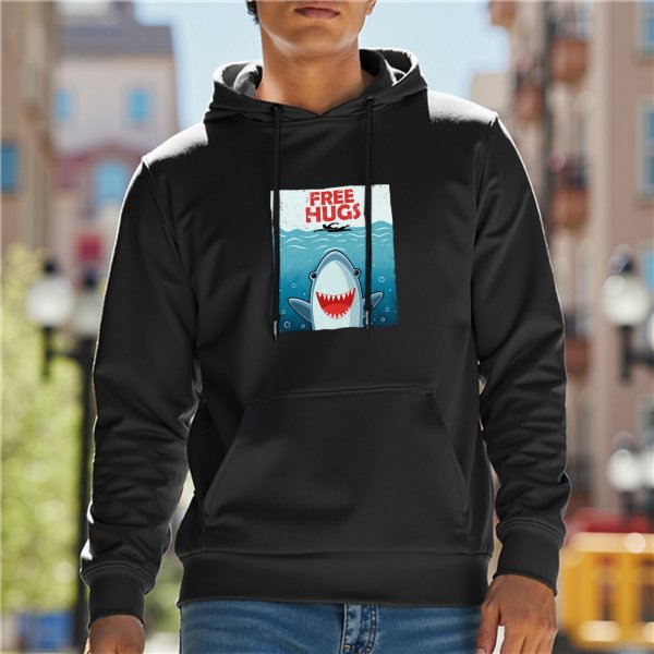 Black Hoodie With Free Hugs Shark Ocean Graphic Print