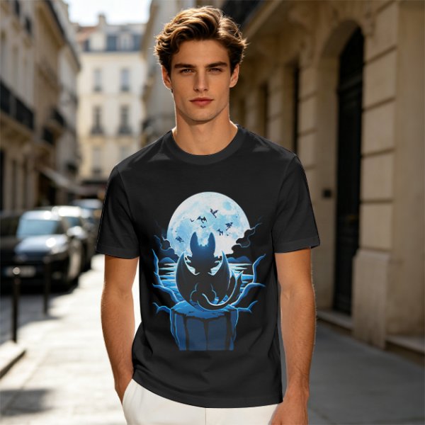 Olive T-Shirt Featuring Dragon Silhouette Under Full Moon