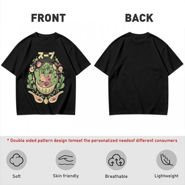 Olive green t-shirt with playful vegetable soup graphic print