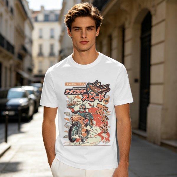 Olive green graphic tee with retro masked rider ramen motorcycle art