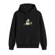 Black hoodie with a playful shark graphic print