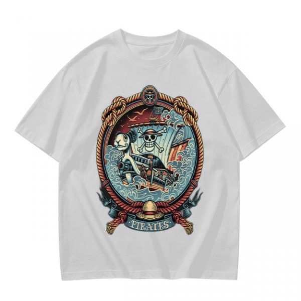 Olive Green Pirate Themed T-Shirt with Ship and Skull Graphic