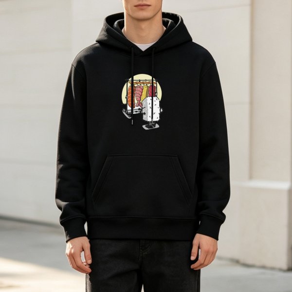 Black Hoodie With Funny Sushi Laundry Rack Graphic Print