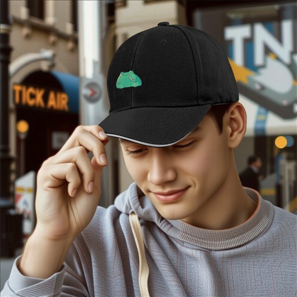 Black Baseball Cap With Cute Green Frog Graphic