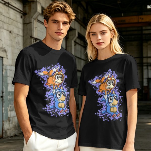 Olive green t-shirt with cartoon characters in cosplay graphic