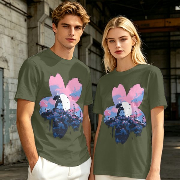 Olive T-Shirt with Sakura Flower and Whimsical Forest Creature Print