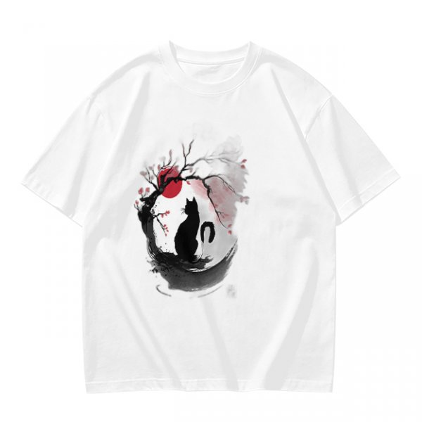 Olive T-Shirt with Japanese Style Cat and Red Sun Art Print
