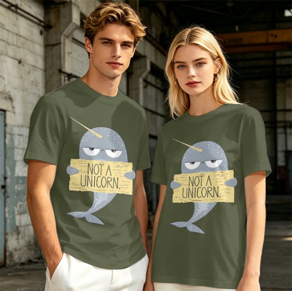 Olive T-Shirt With Grumpy Narwhal Holding Not A Unicorn Sign