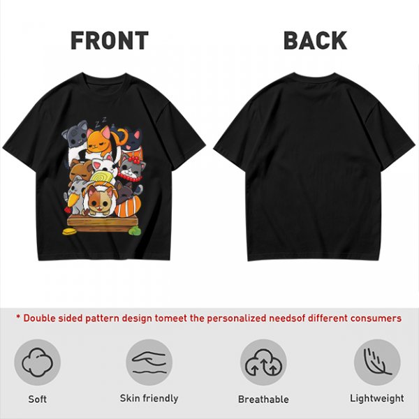 Olive T-Shirt With Cute Sushi Cat Stack Graphic Print