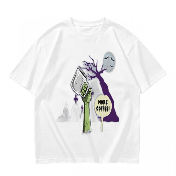Olive Zombie Hand Holding Coffee Mug 'More Coffee!' Graphic T-Shirt
