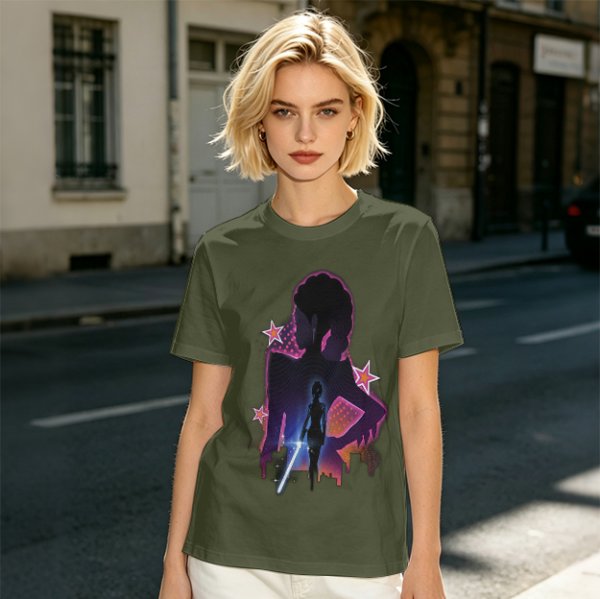 Olive t-shirt with neon star wars style female silhouette print