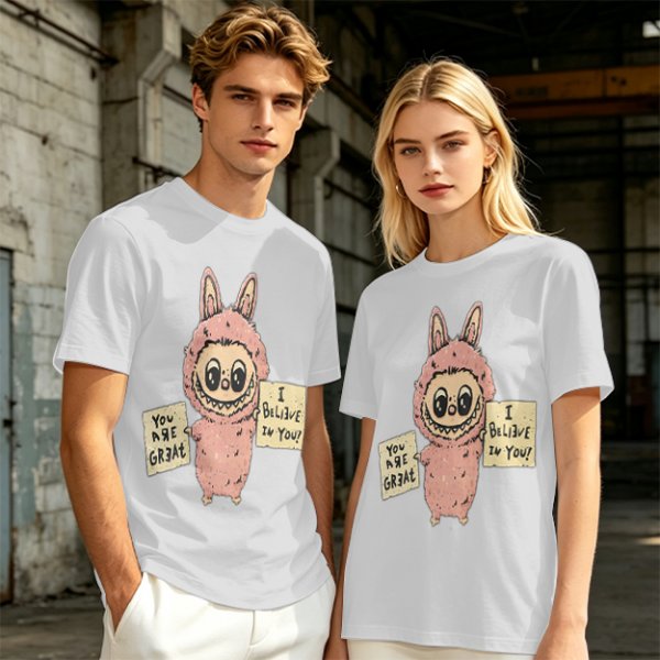 Olive T-shirt with a cute bunny monster holding You Are Great and I Believe In You signs