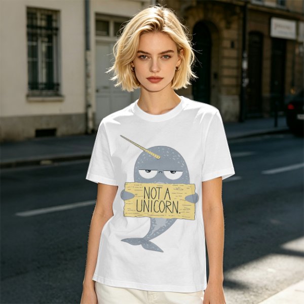 Olive T-Shirt With Grumpy Narwhal Holding Not A Unicorn Sign