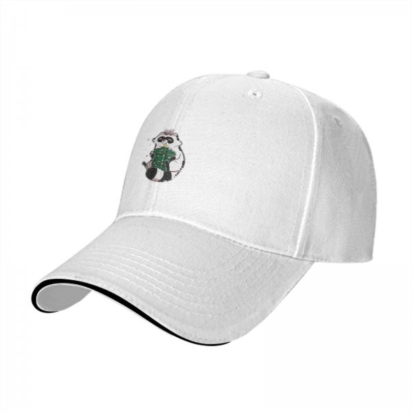 Black baseball cap with cute raccoon holding a decorated Christmas tree
