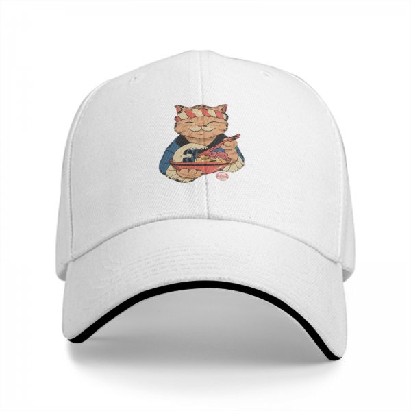 Black Baseball Cap with Japanese Ramen Chef Cat Graphic