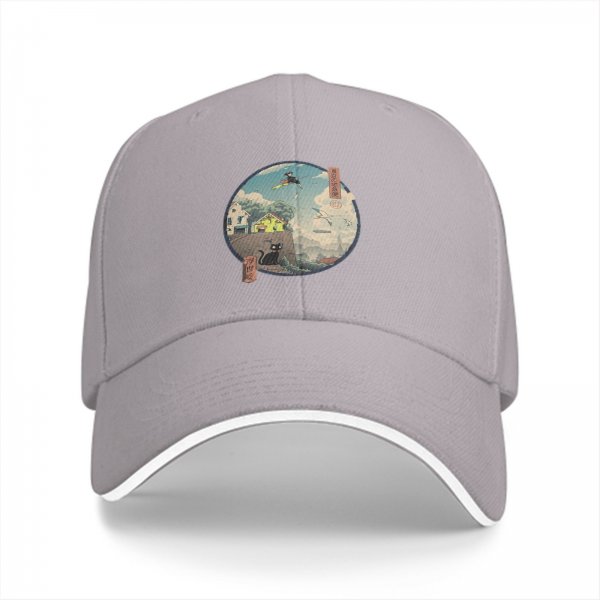 Black baseball cap with witch and black cat fantasy town print